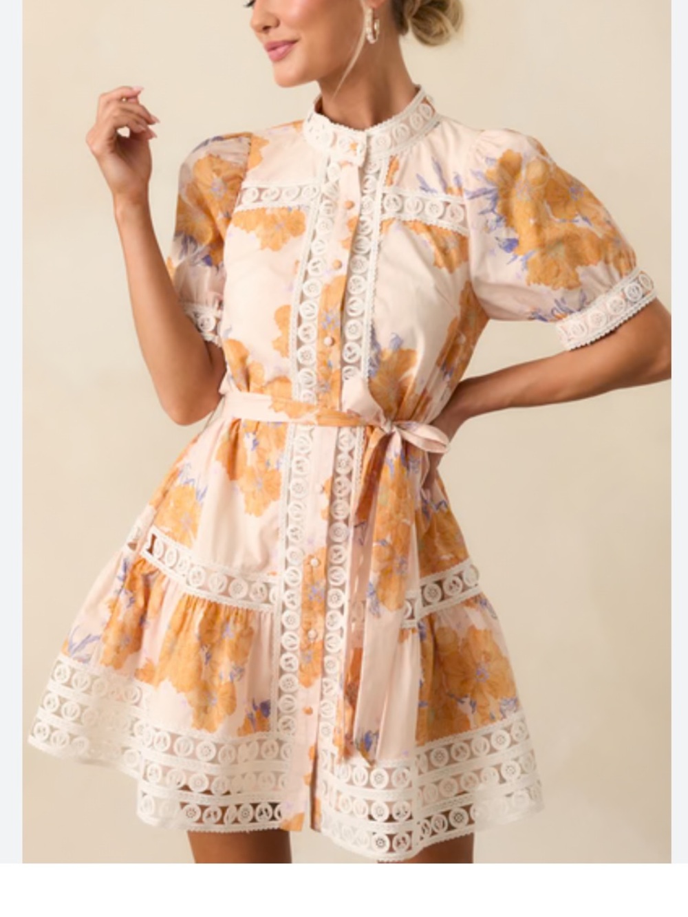 New Victorian Boho Honey Yellow Floral Crochet Lace-Trim Bow Tie Mini Dress